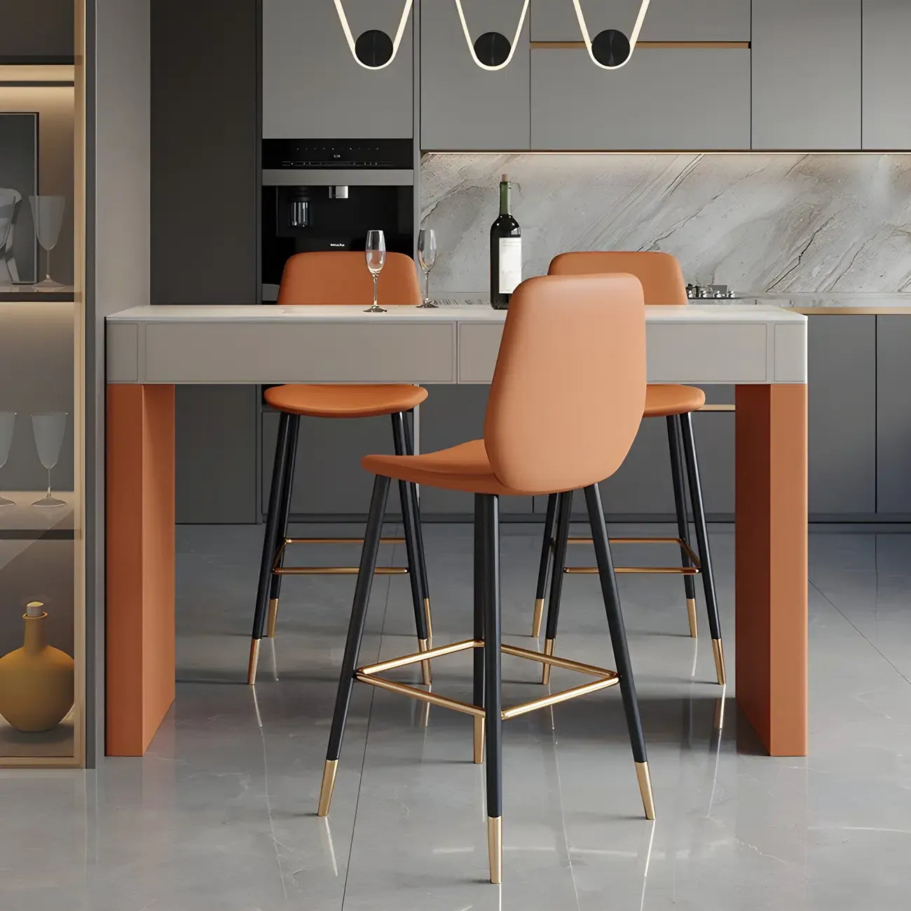 Tables de bar modernes en bois avec plateau en pierre beige et orange et tiroir
