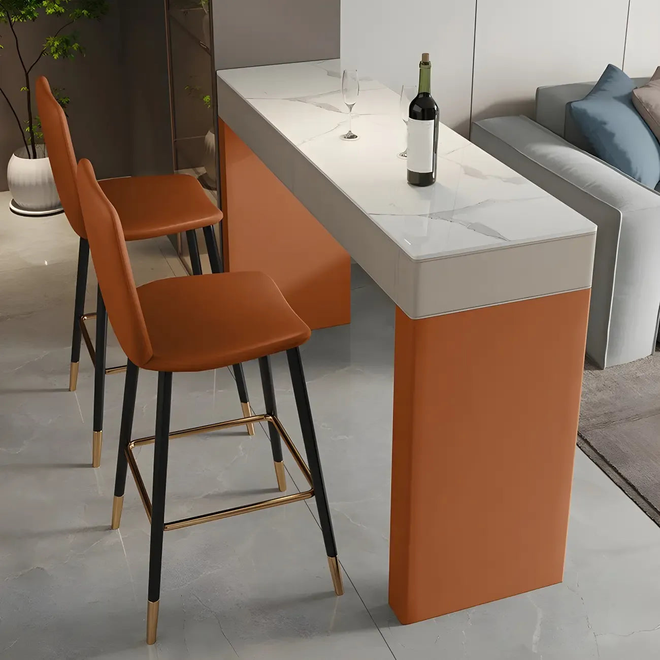 Tables de bar modernes en bois avec plateau en pierre beige et orange et tiroir