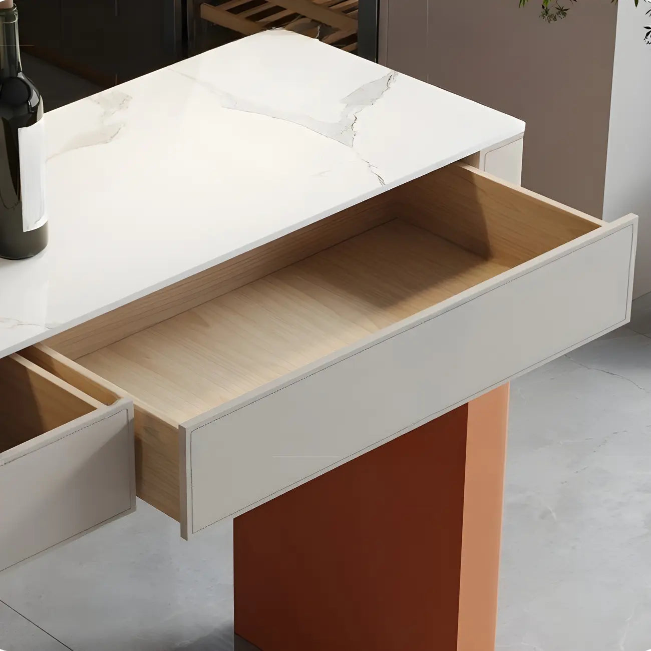 Tables de bar modernes en bois avec plateau en pierre beige et orange et tiroir