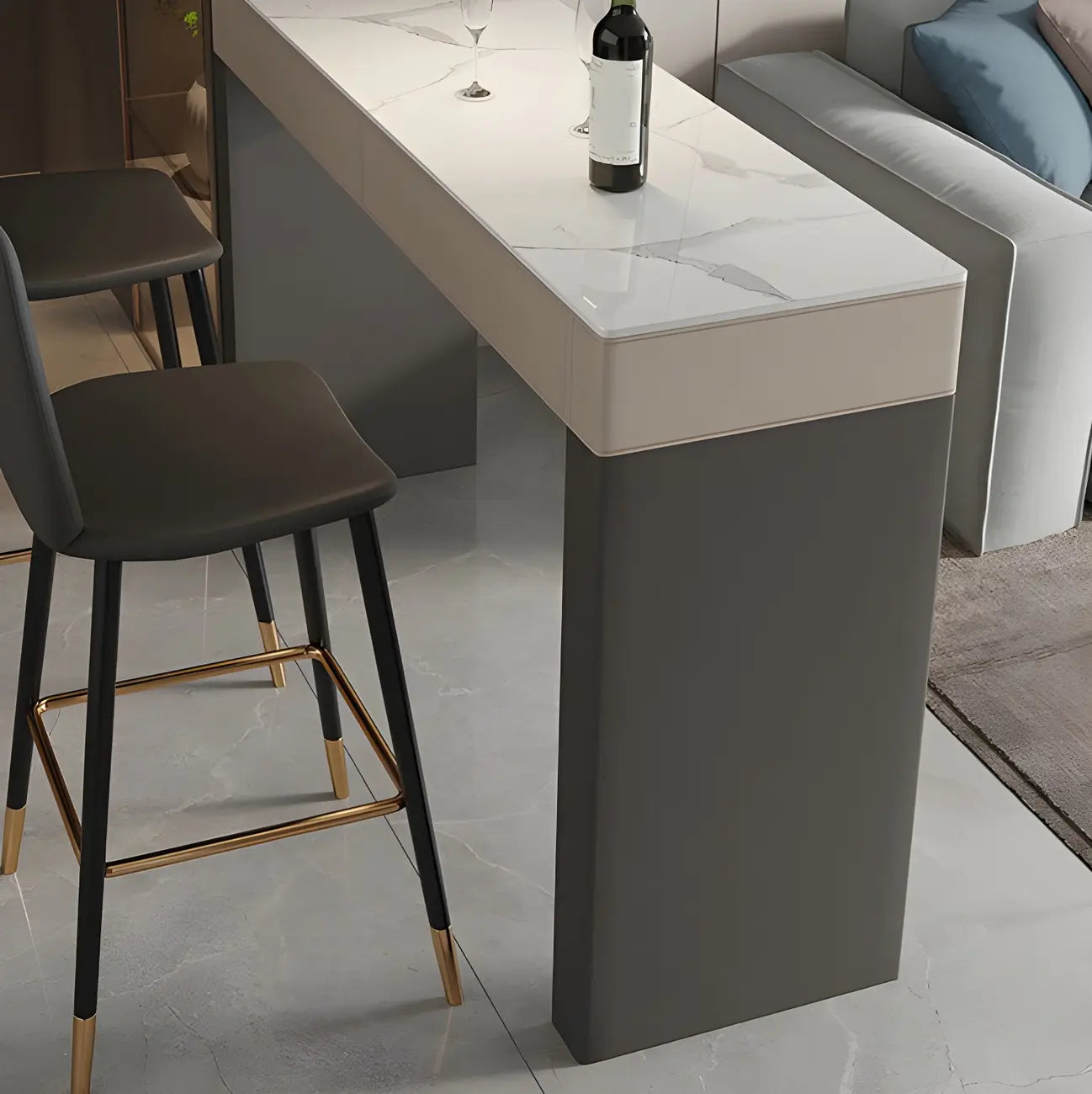 Tables de bar modernes en bois avec plateau en pierre beige et orange et tiroir