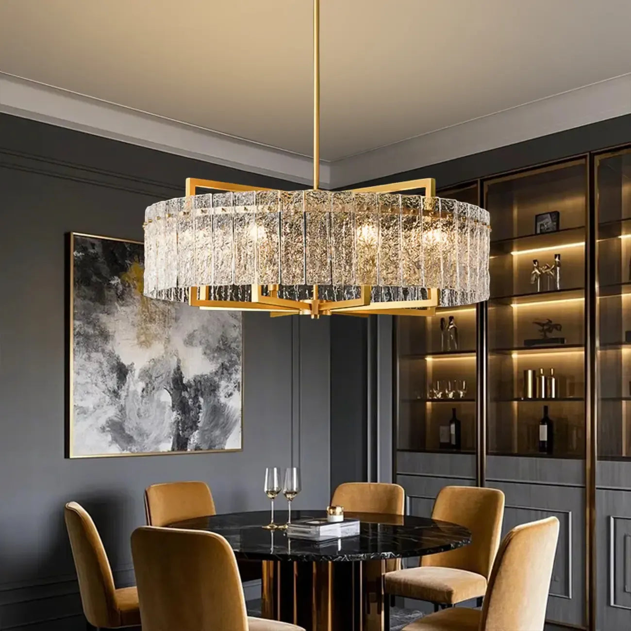 Lustre rond de luxe en cristal avec abat-jour en verre