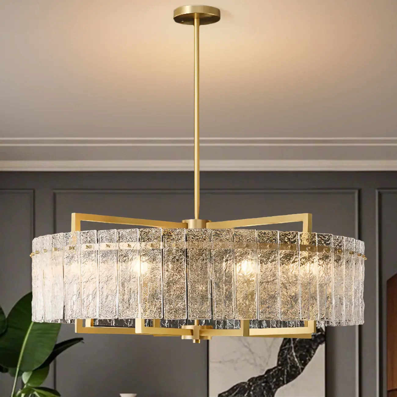 Lustre rond de luxe en cristal avec abat-jour en verre