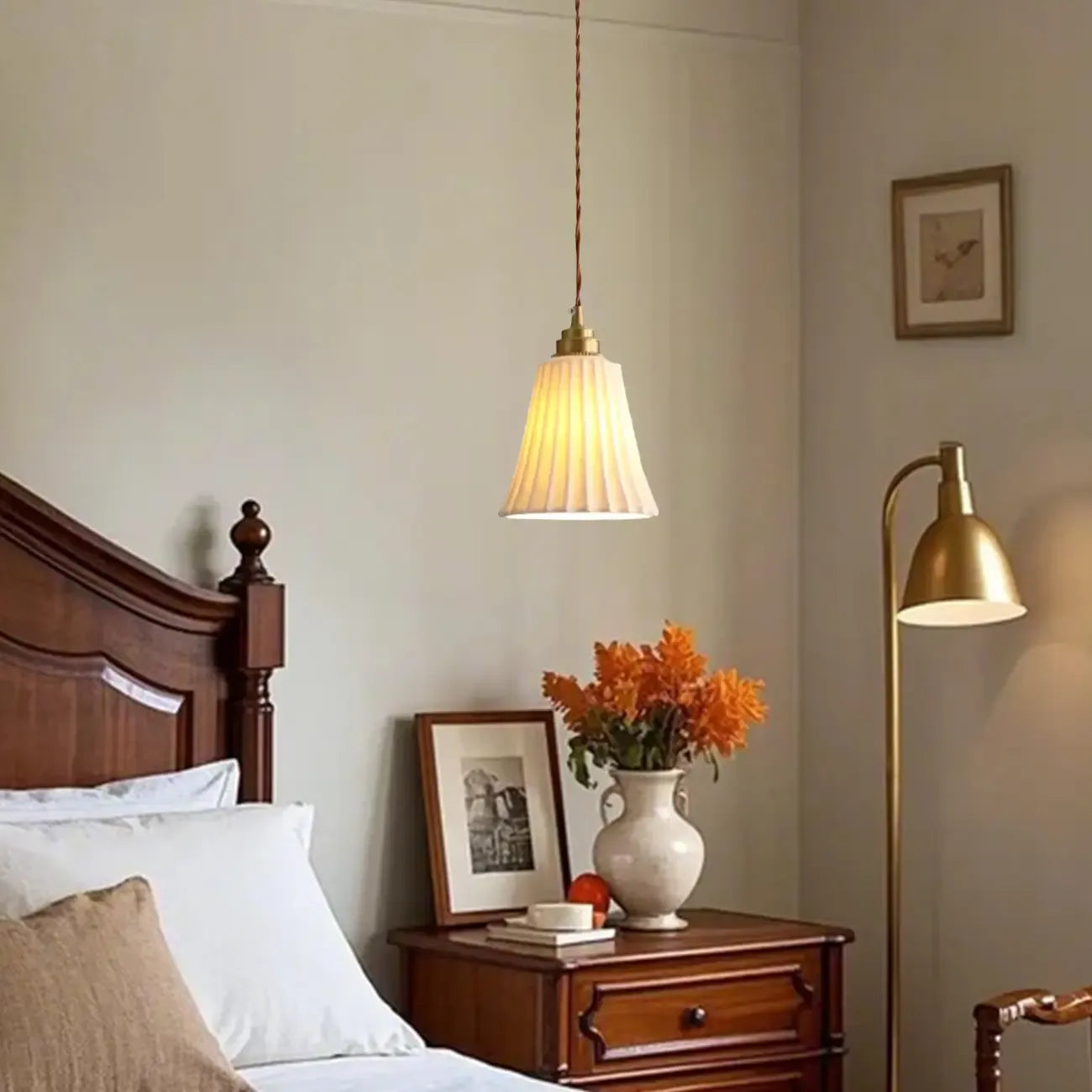 Lampe suspendue élégante cylindrique en céramique blanche pour chambre à coucher