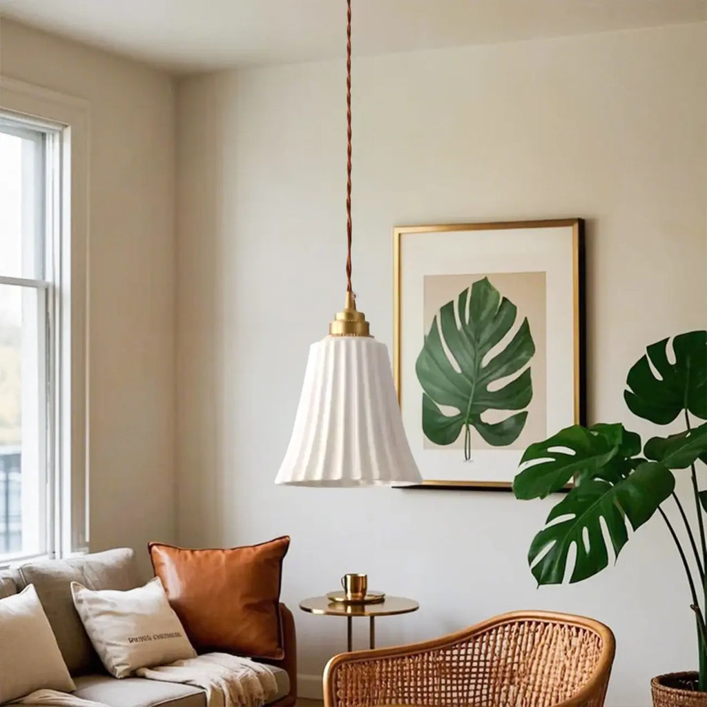 Lampe suspendue élégante cylindrique en céramique blanche pour chambre à coucher
