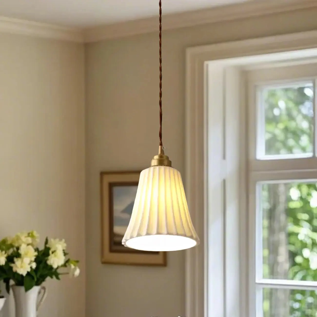 Lampe suspendue élégante cylindrique en céramique blanche pour chambre à coucher