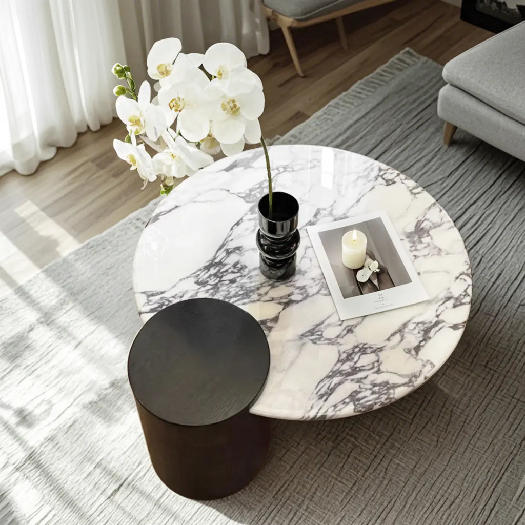 Table basse ronde élégante en marbre blanc et bois