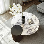Table basse ronde élégante en marbre blanc et bois