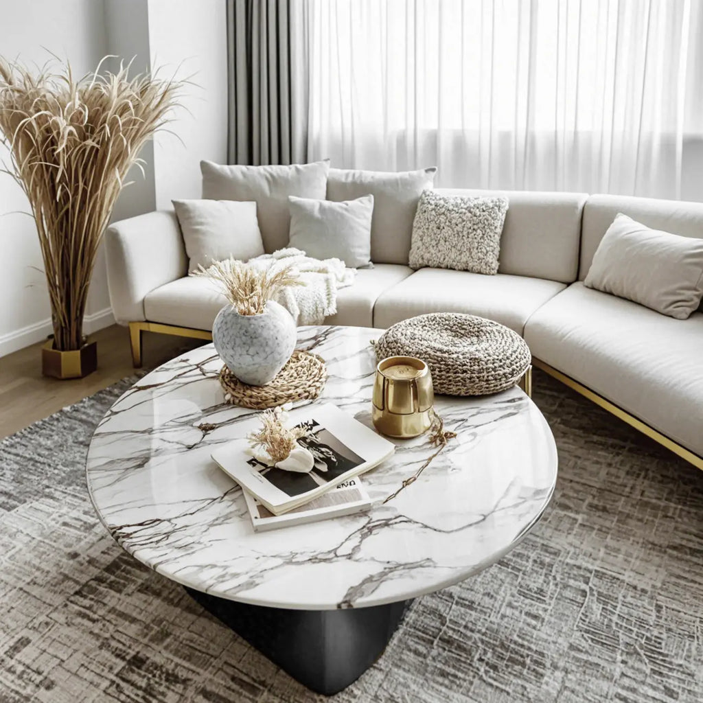 Table basse ronde élégante en marbre blanc et bois
