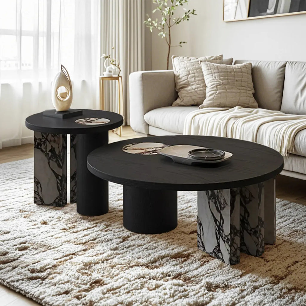 Table basse ronde moderne en bois à double piétement noir
