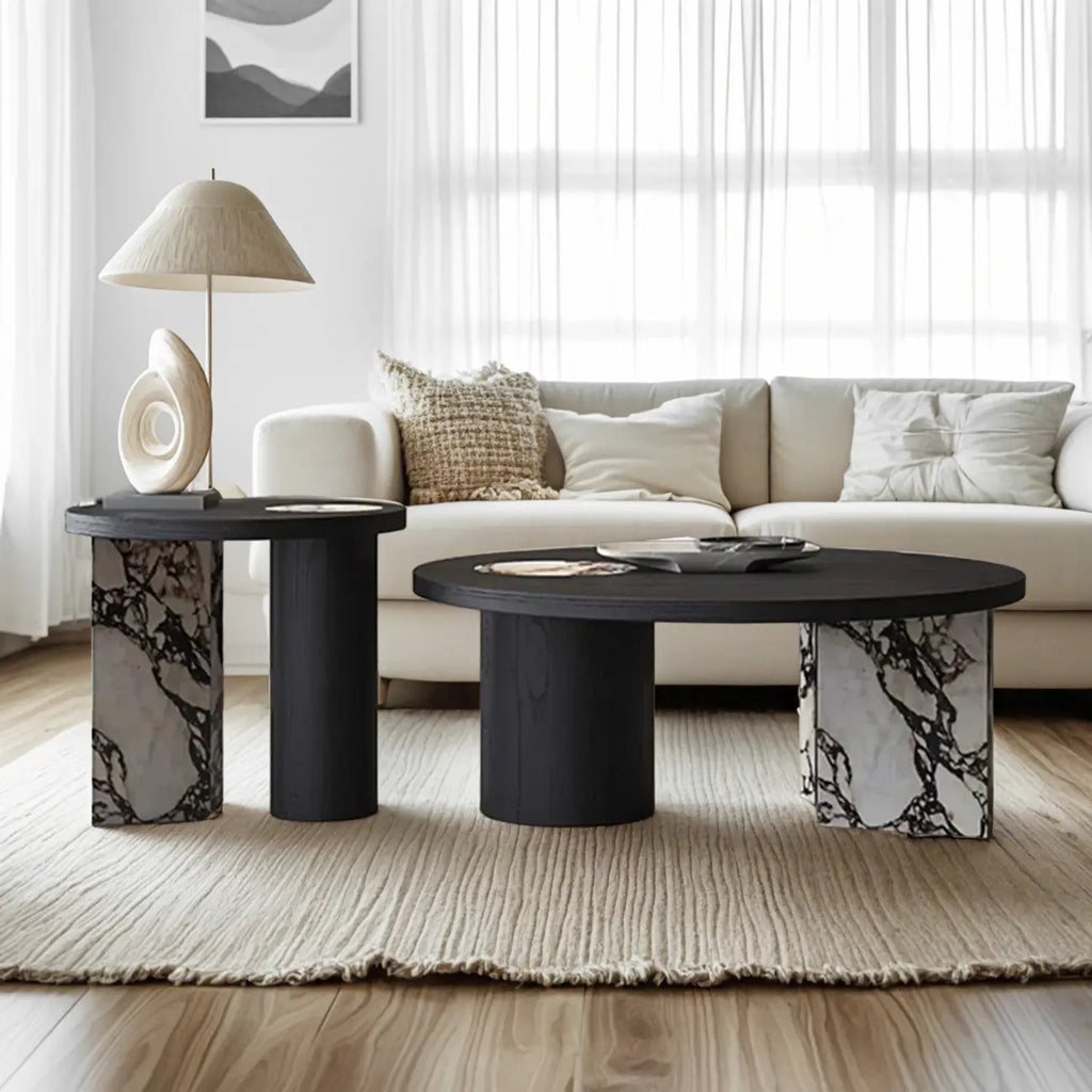 Table basse ronde moderne en bois à double piétement noir