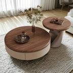 Table basse ronde élégante en bois marron à 2 tiroirs