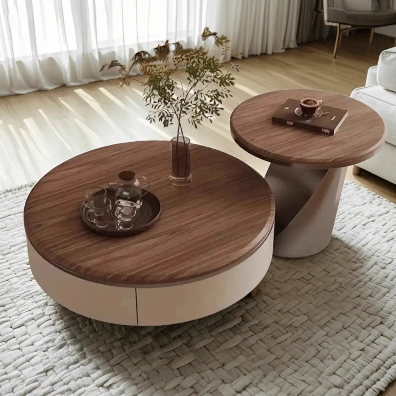 Table basse ronde élégante en bois marron à 2 tiroirs