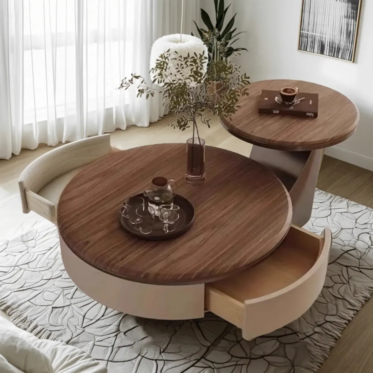 Table basse ronde élégante en bois marron à 2 tiroirs