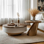 Table basse ronde élégante en bois marron à 2 tiroirs