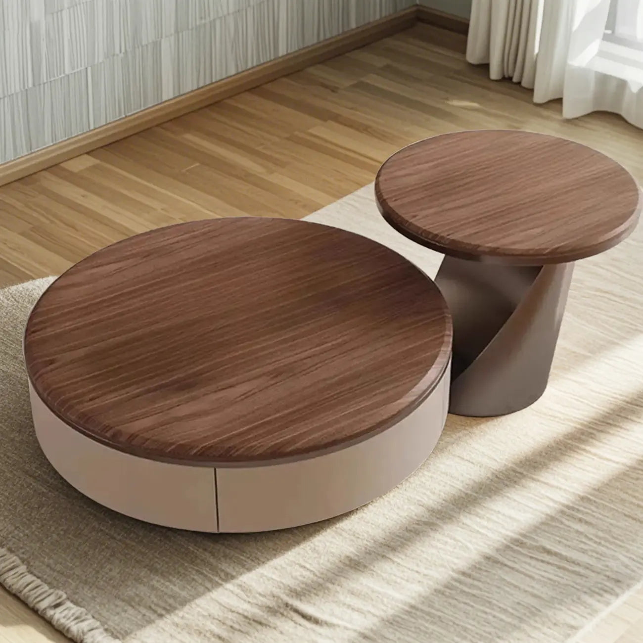 Table basse ronde élégante en bois marron à 2 tiroirs