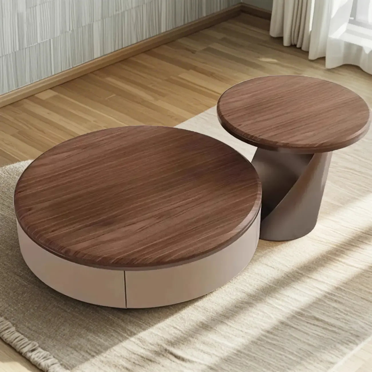 Table basse ronde élégante en bois marron à 2 tiroirs