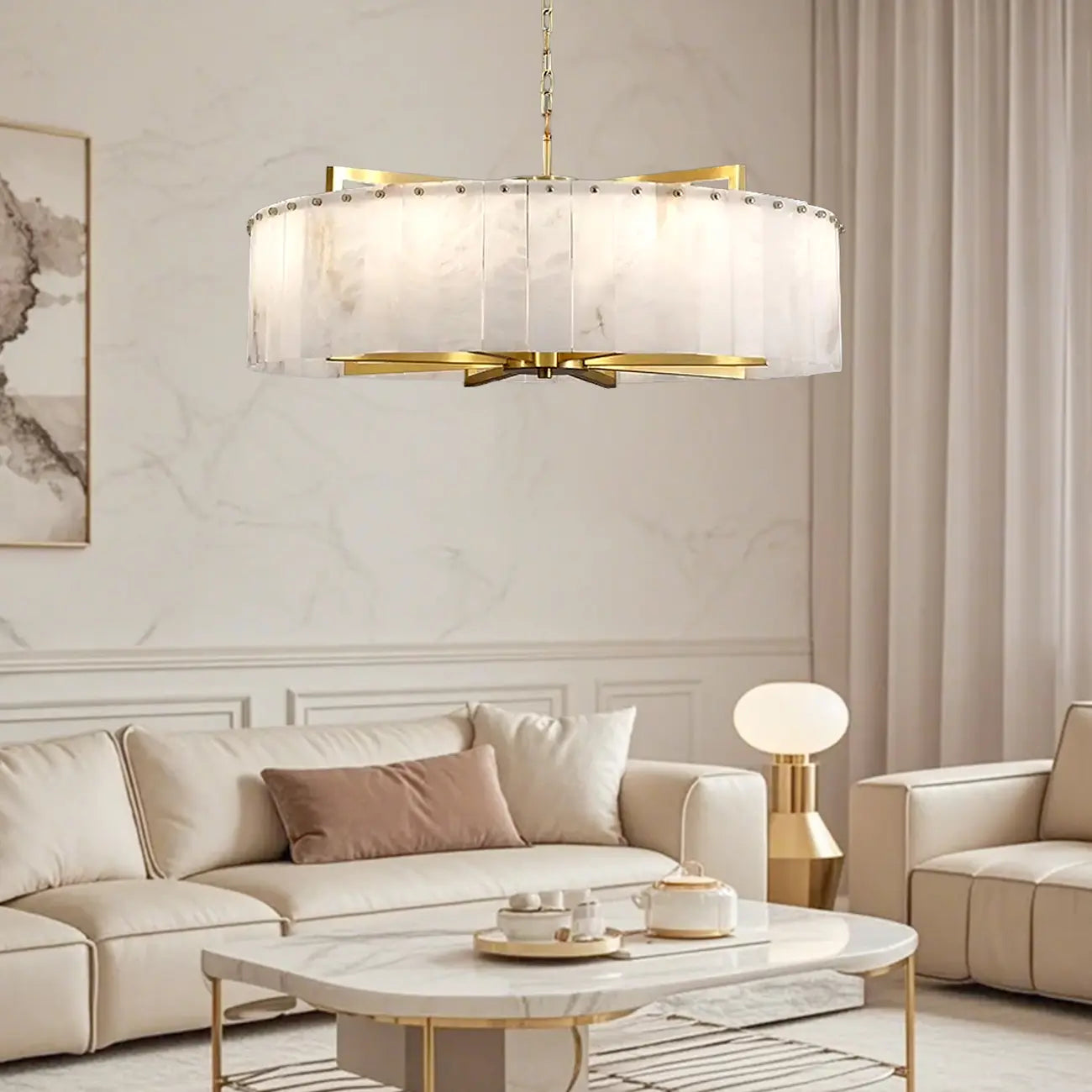 Lustre rond en marbre réglable avec abat-jour en feuille