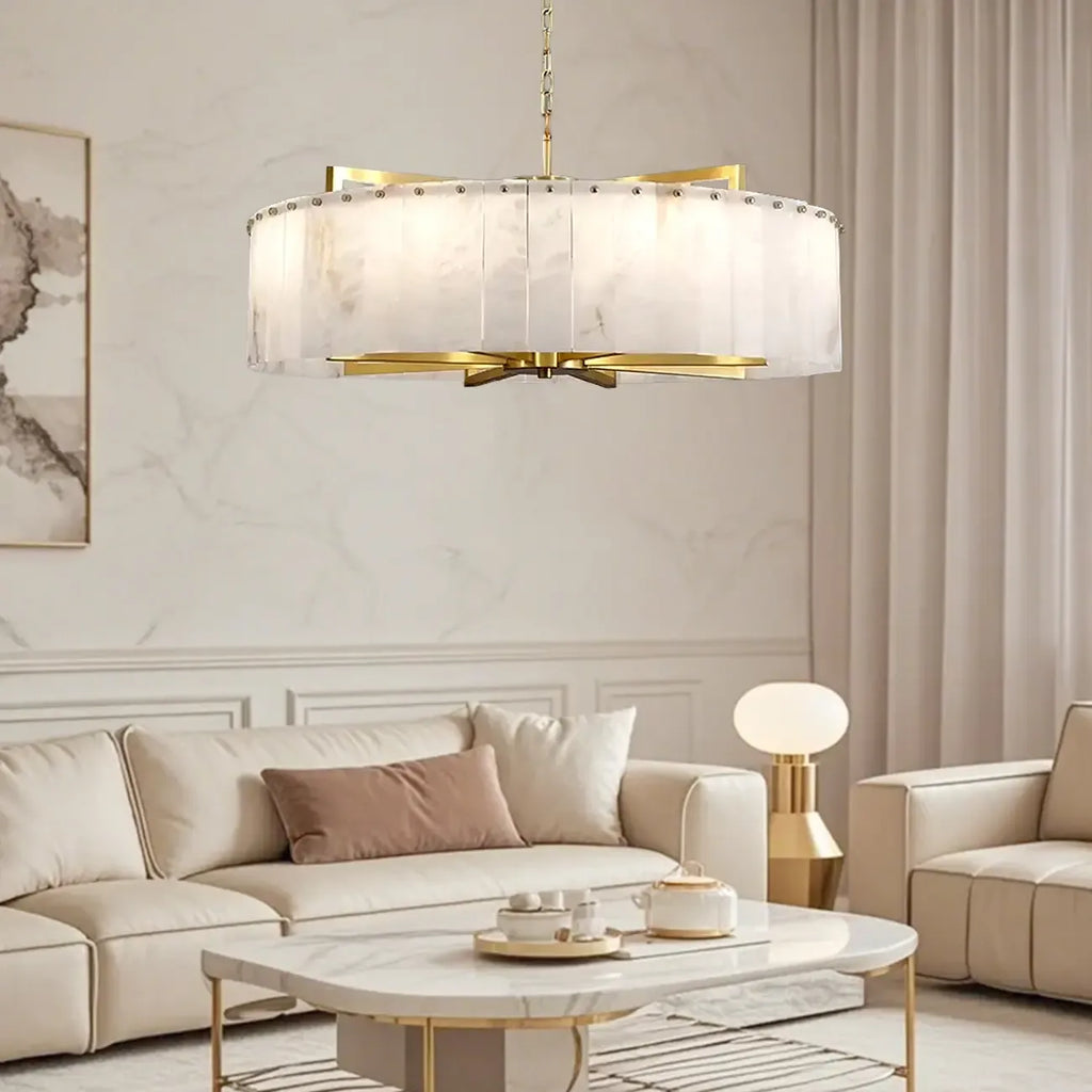 Lustre rond en marbre réglable avec abat-jour en feuille