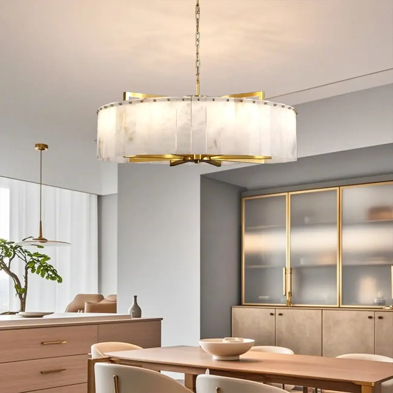 Lustre rond en marbre réglable avec abat-jour en feuille
