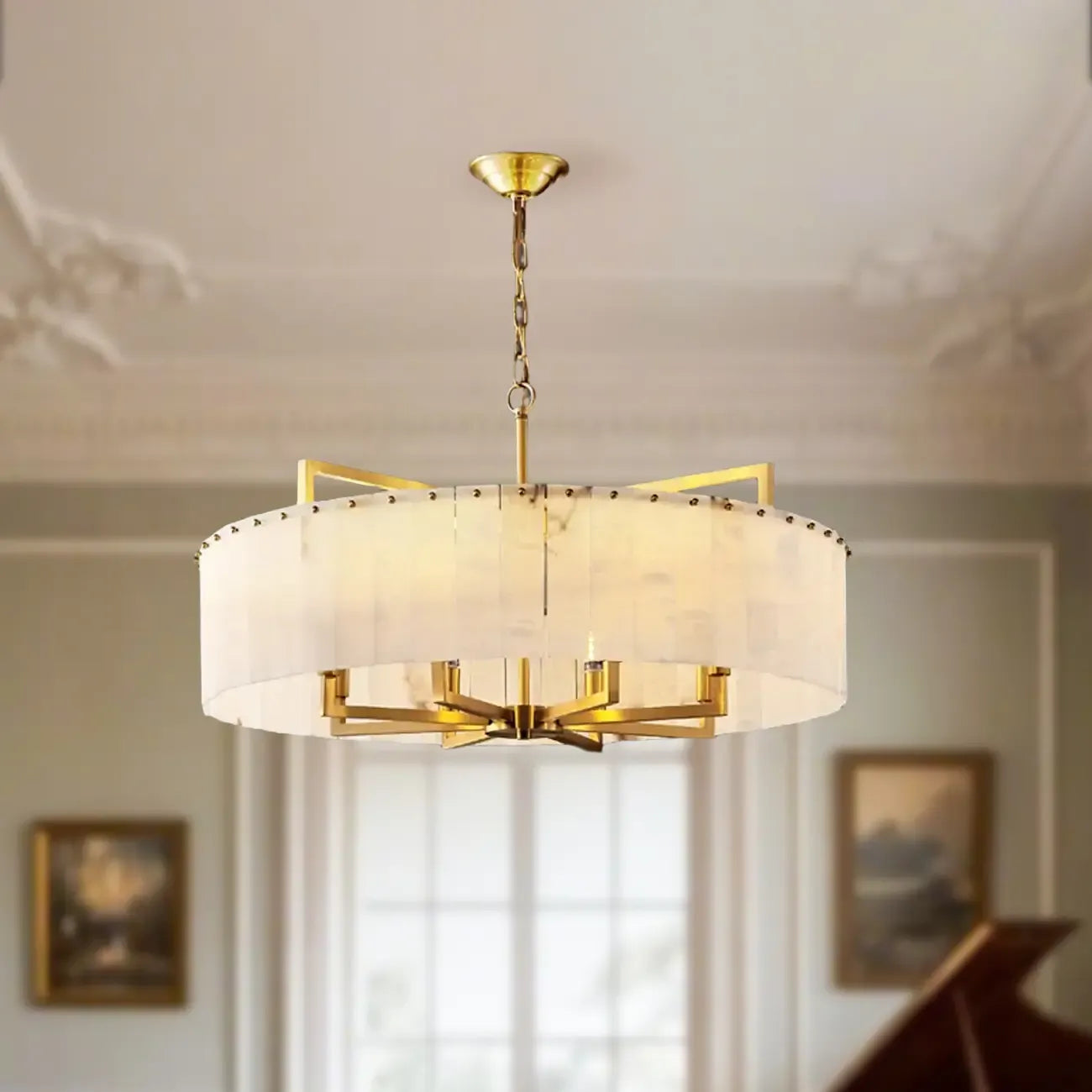 Lustre rond en marbre réglable avec abat-jour en feuille