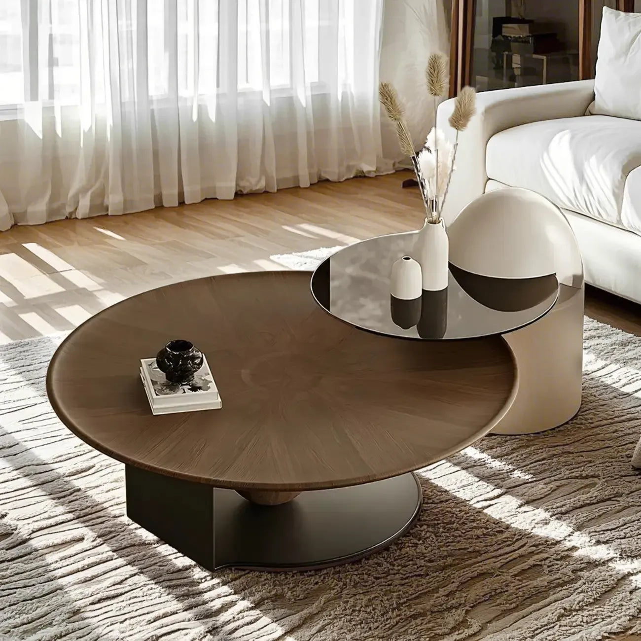 Table basse ronde en bois avec piètement en métal marron