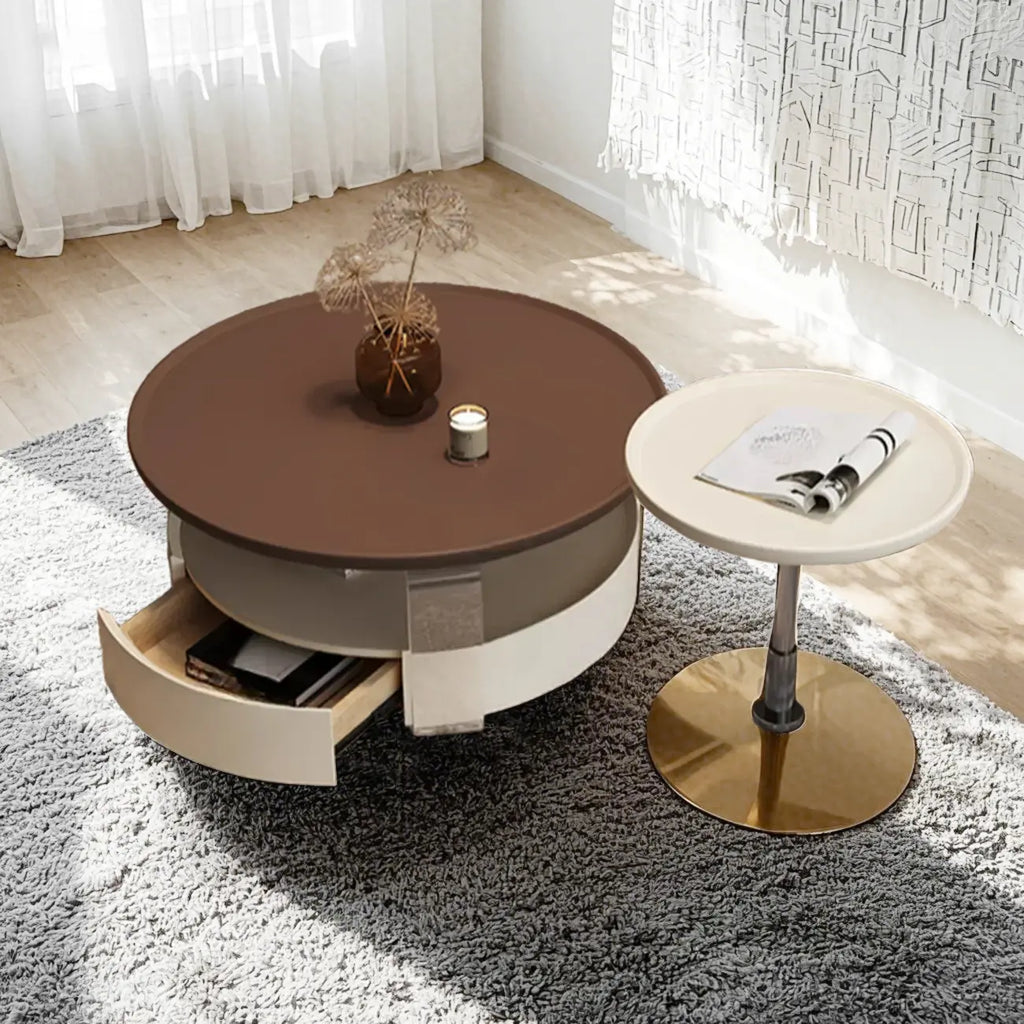 Table basse ronde et élégante en bois marron avec tiroir