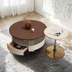 Table basse ronde et élégante en bois marron avec tiroir