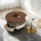 Table basse ronde et élégante en bois marron avec tiroir