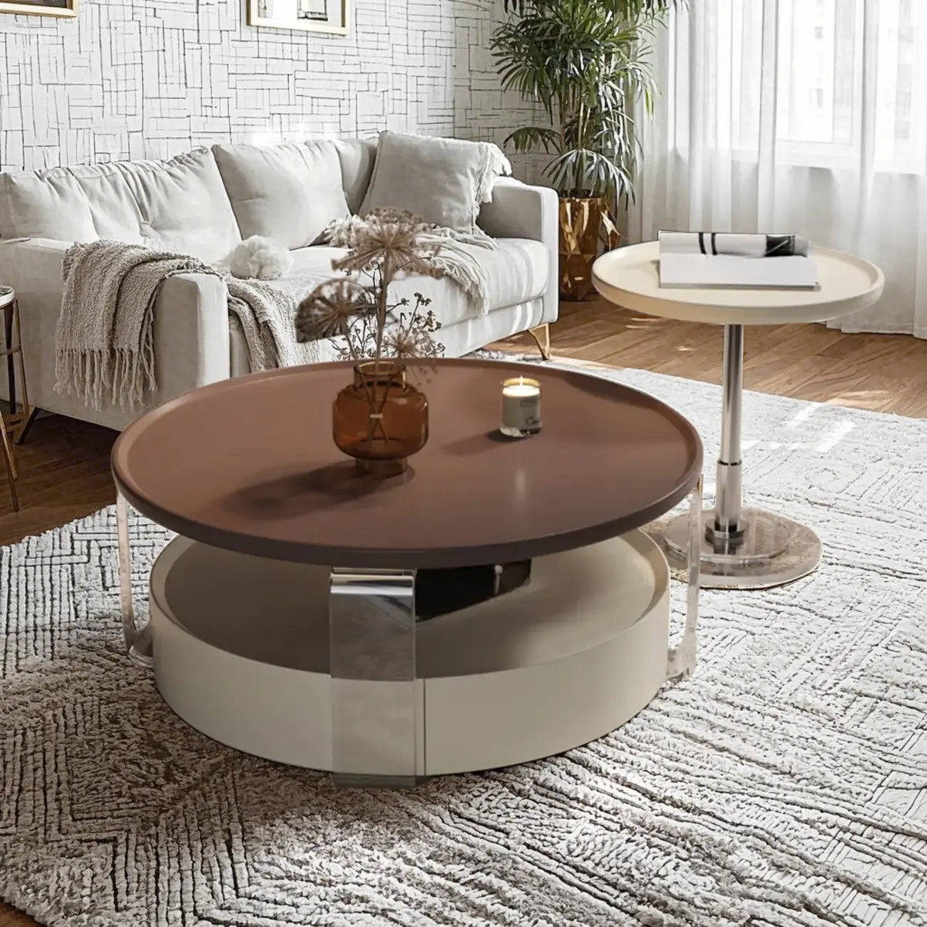 Table basse ronde et élégante en bois marron avec tiroir