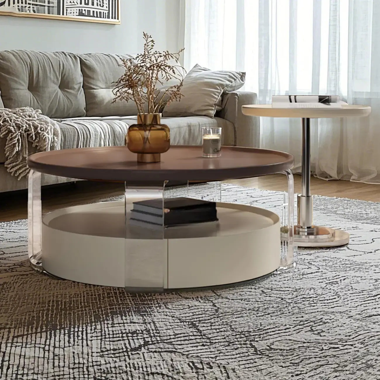 Table basse ronde et élégante en bois marron avec tiroir