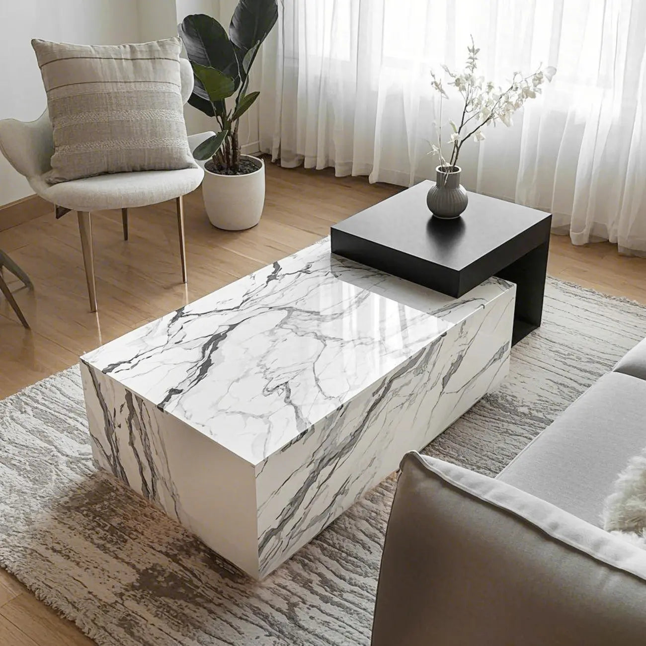 Table basse rectangulaire moderne en faux marbre ivoire