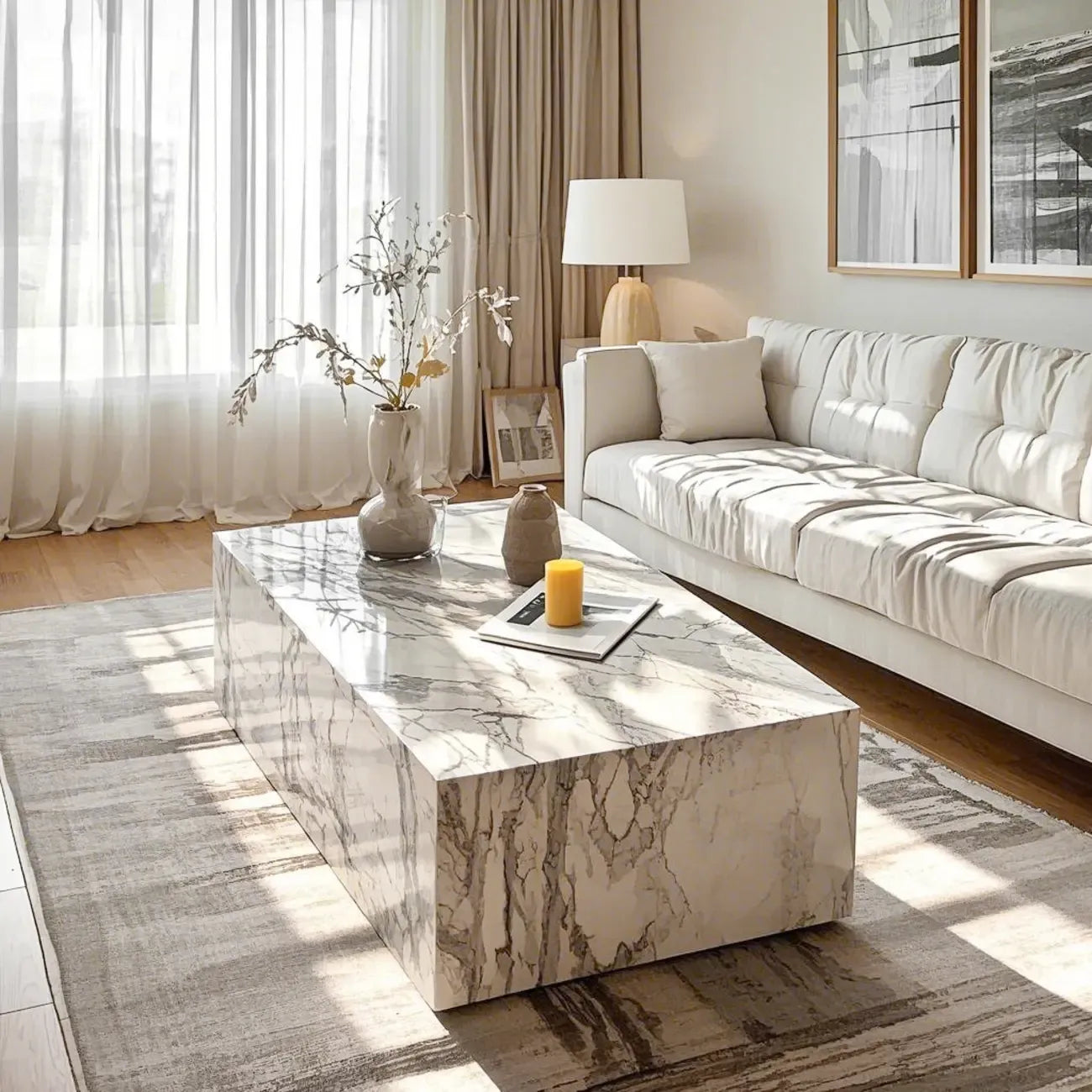 Table basse rectangulaire moderne en faux marbre ivoire