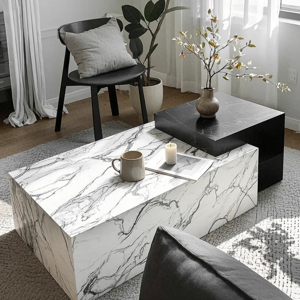 Table basse rectangulaire moderne en faux marbre ivoire
