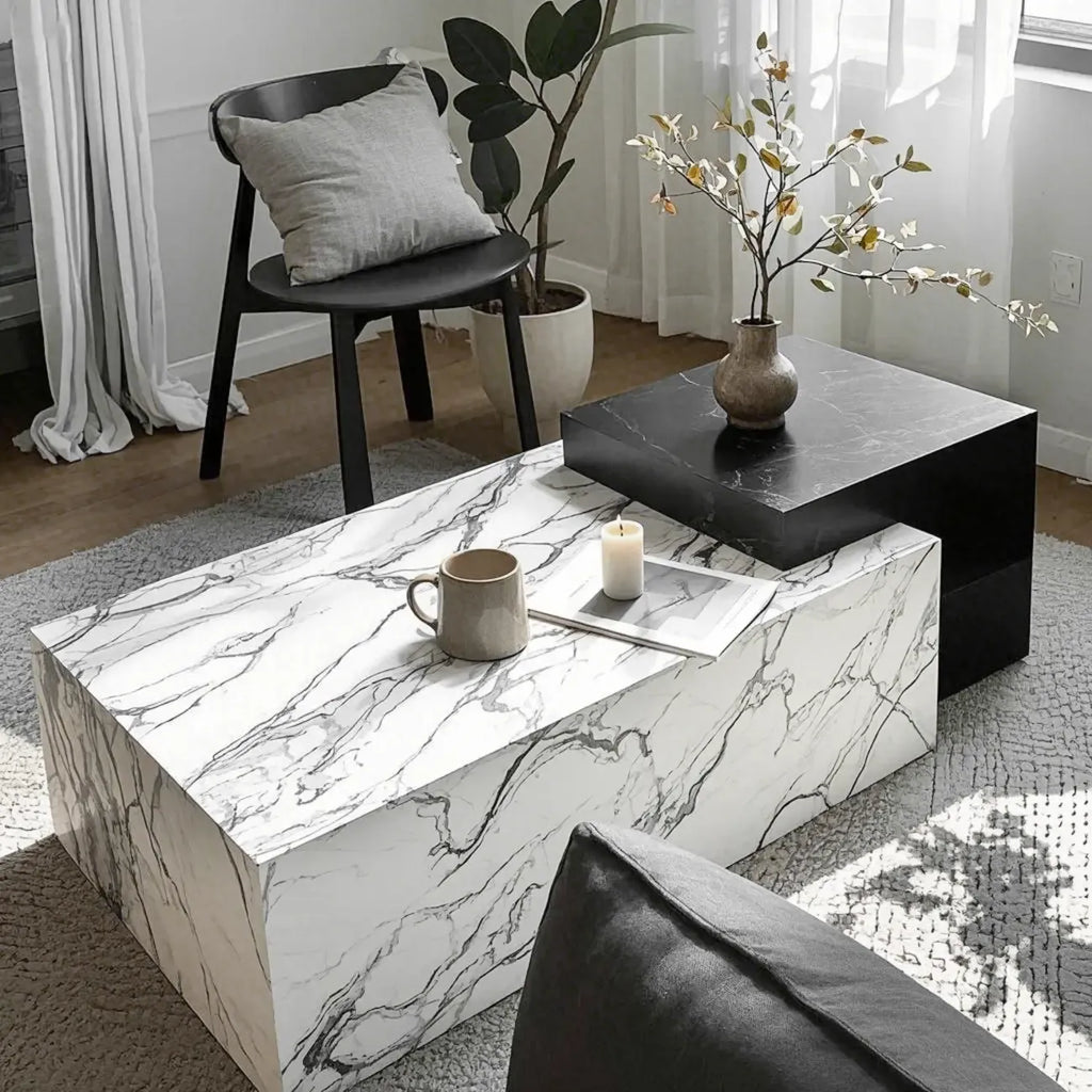 Table basse rectangulaire moderne en faux marbre ivoire