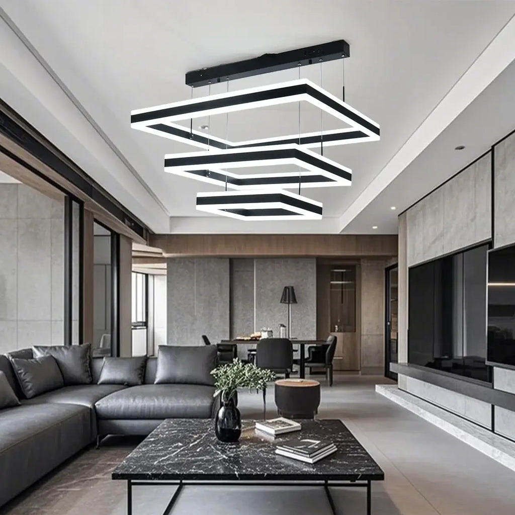 Lustre moderne linéaire carré à 3 niveaux avec LED à intensité variable