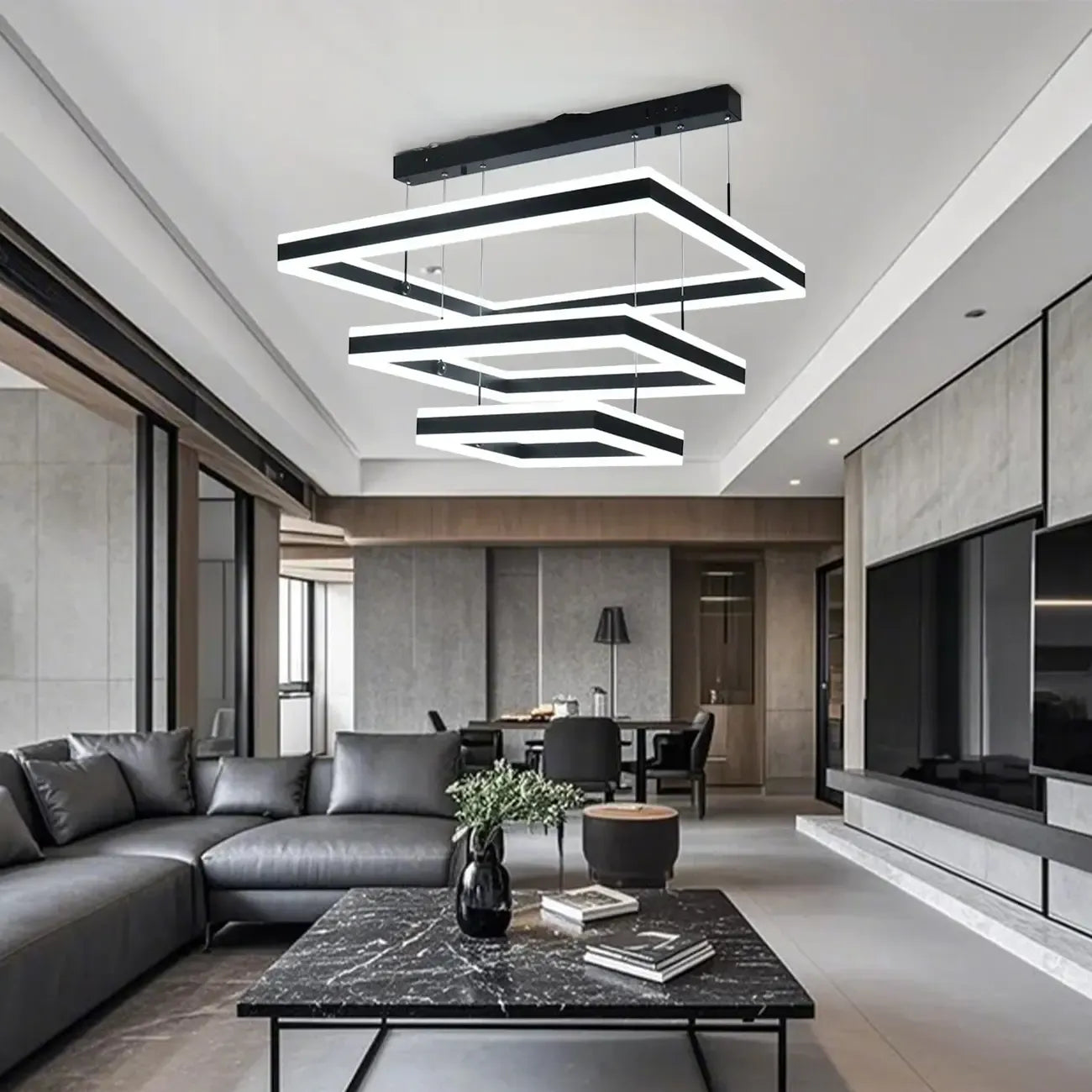 Lustre moderne linéaire carré à 3 niveaux avec LED à intensité variable