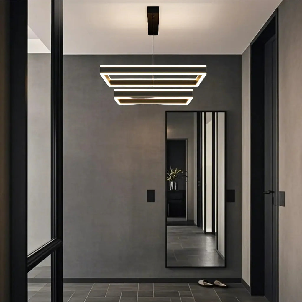 Lustre moderne linéaire carré à 3 niveaux avec LED à intensité variable