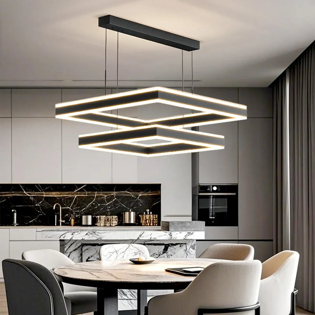 Lustre moderne linéaire carré à 3 niveaux avec LED à intensité variable