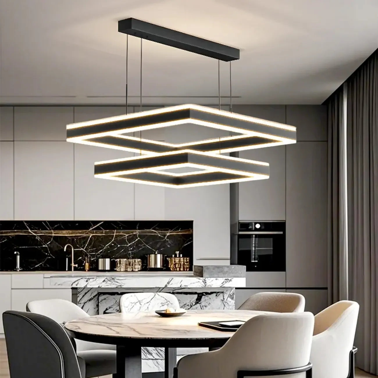 Lustre moderne linéaire carré à 3 niveaux avec LED à intensité variable