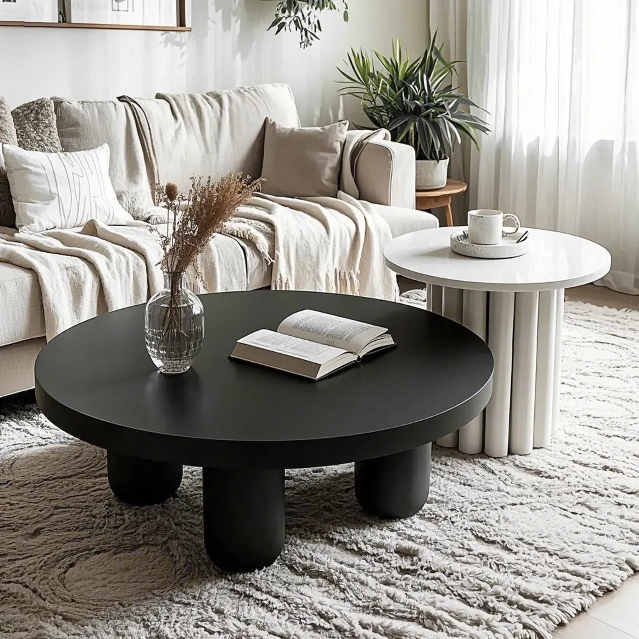 Table basse ronde minimaliste en bois noir et blanc