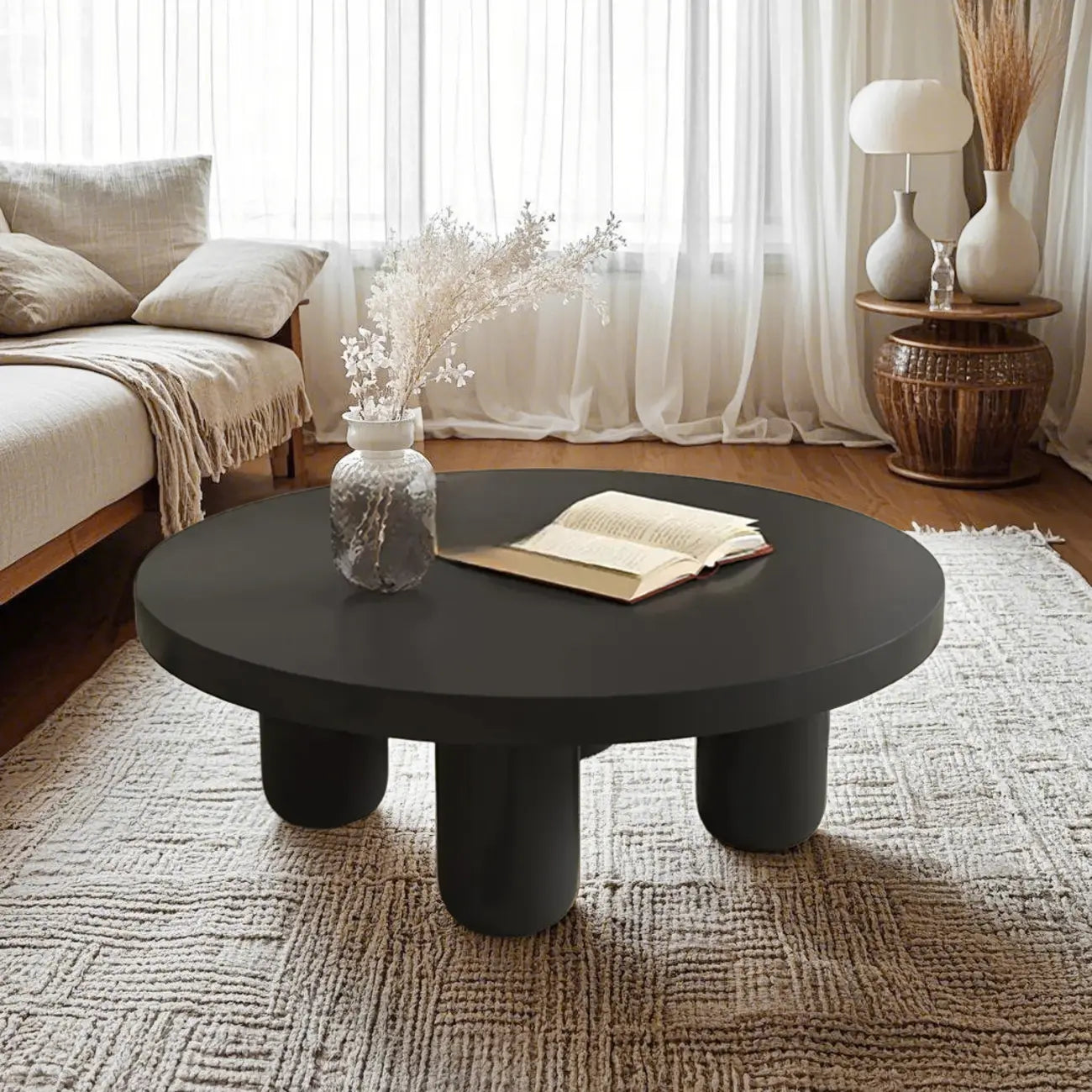 Table basse ronde minimaliste en bois noir et blanc