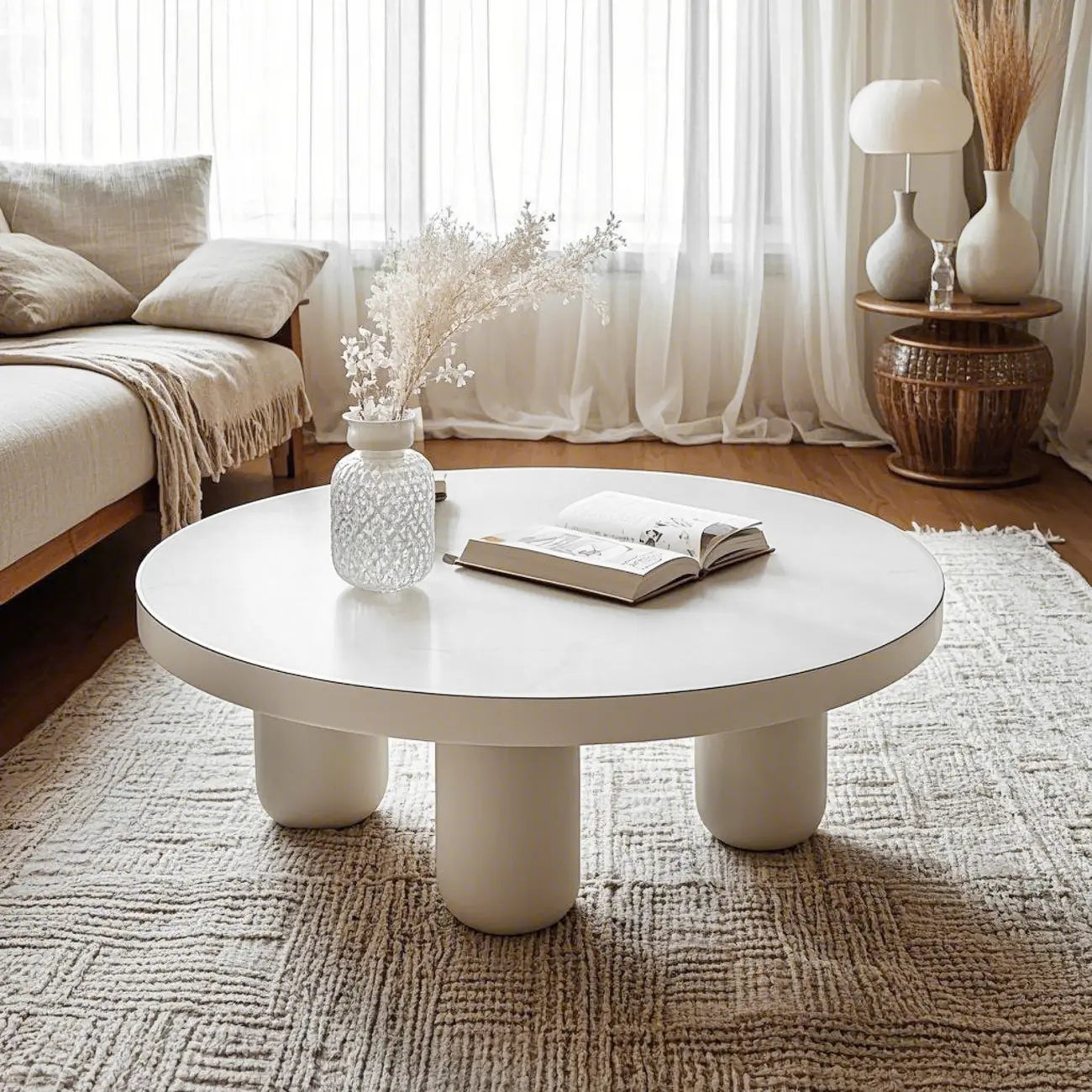 Table basse ronde minimaliste en bois noir et blanc