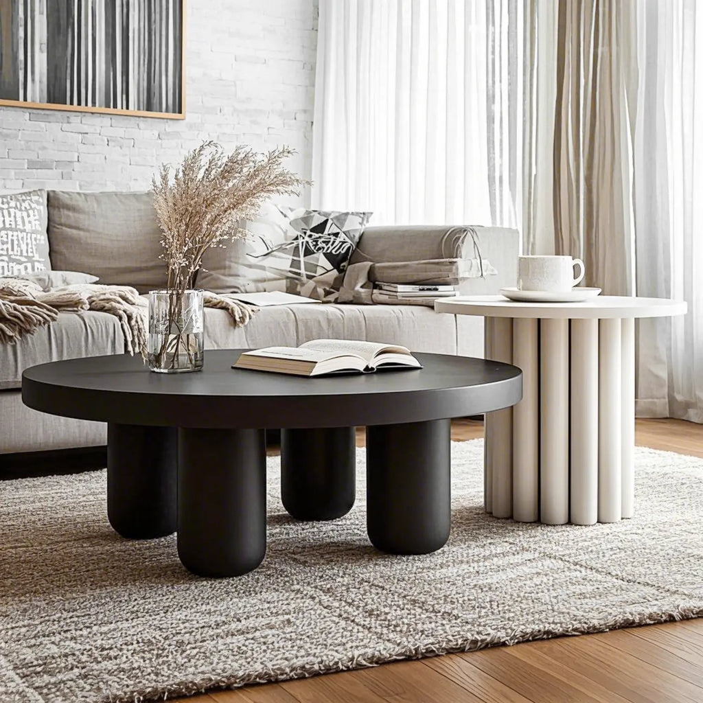Table basse ronde minimaliste en bois noir et blanc