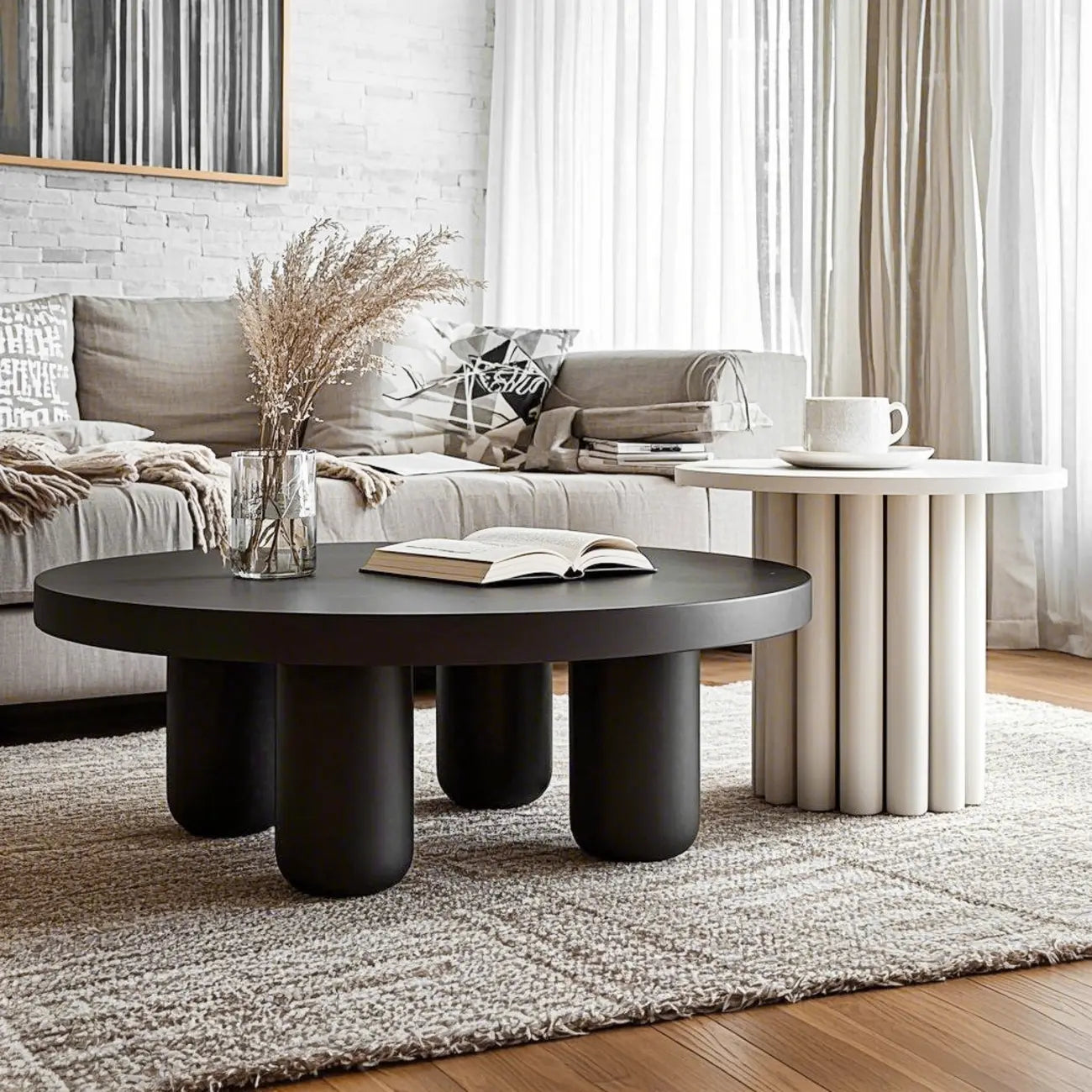 Table basse ronde minimaliste en bois noir et blanc