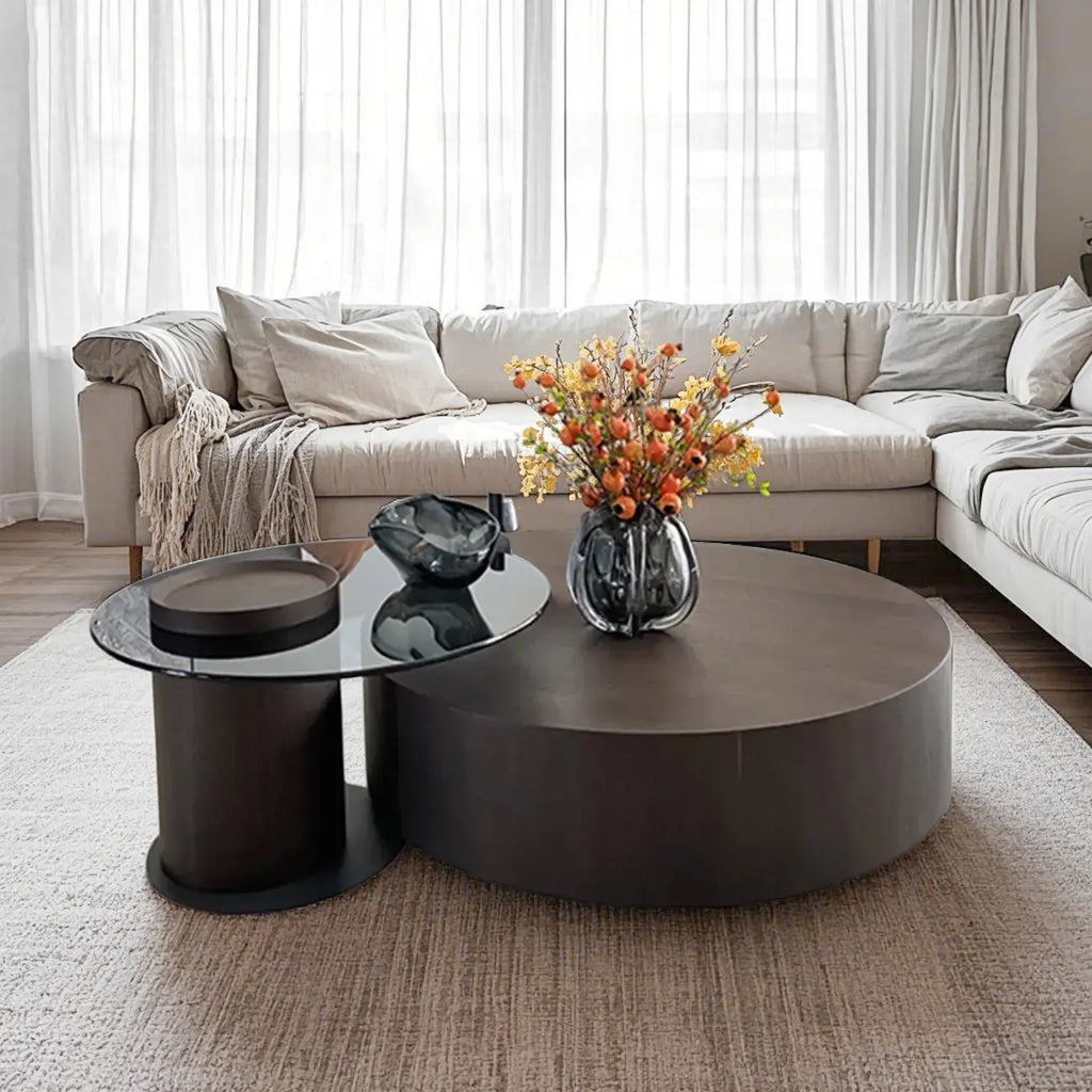 Table basse ronde scandinave en bois marron avec rangement