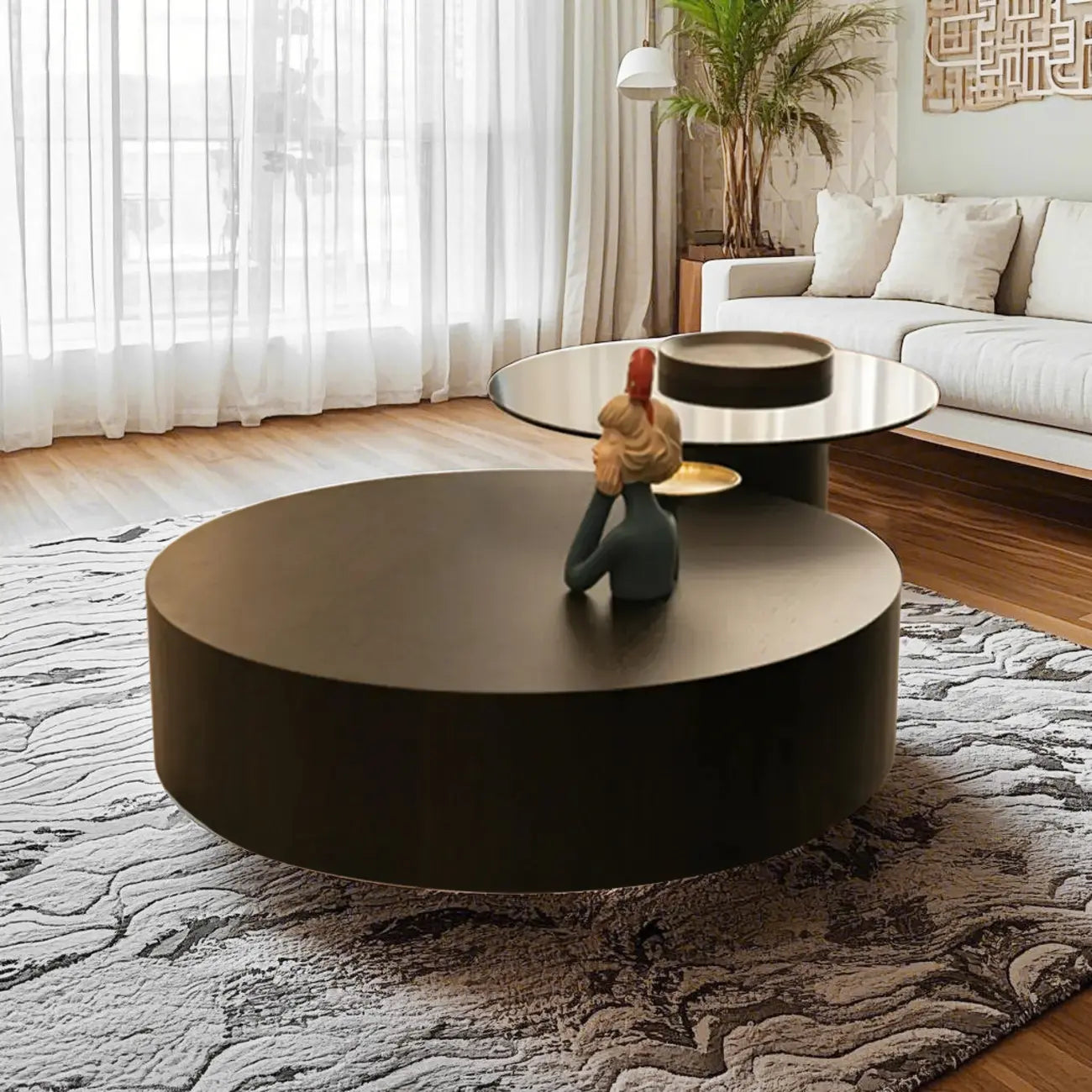 Table basse ronde scandinave en bois marron avec rangement