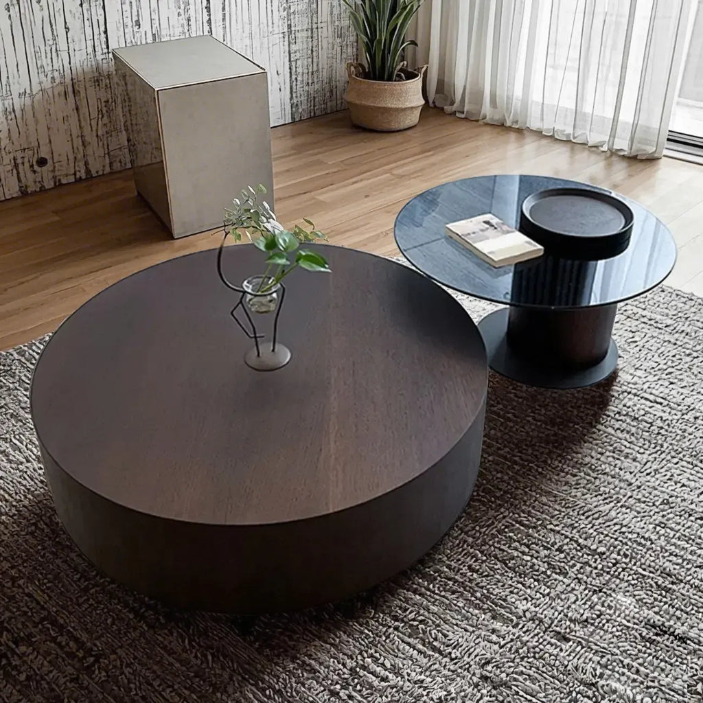 Table basse ronde scandinave en bois marron avec rangement