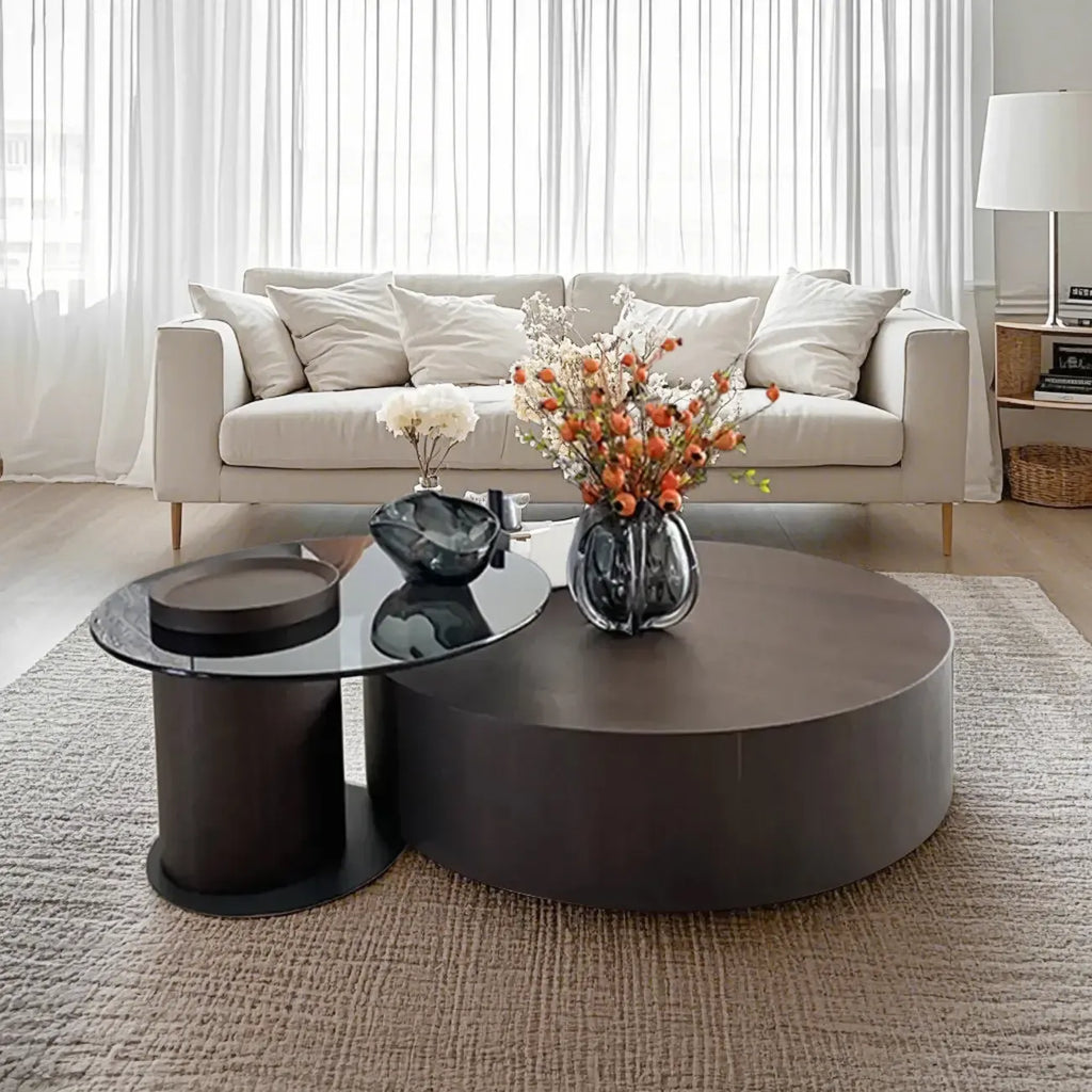 Table basse ronde scandinave en bois marron avec rangement