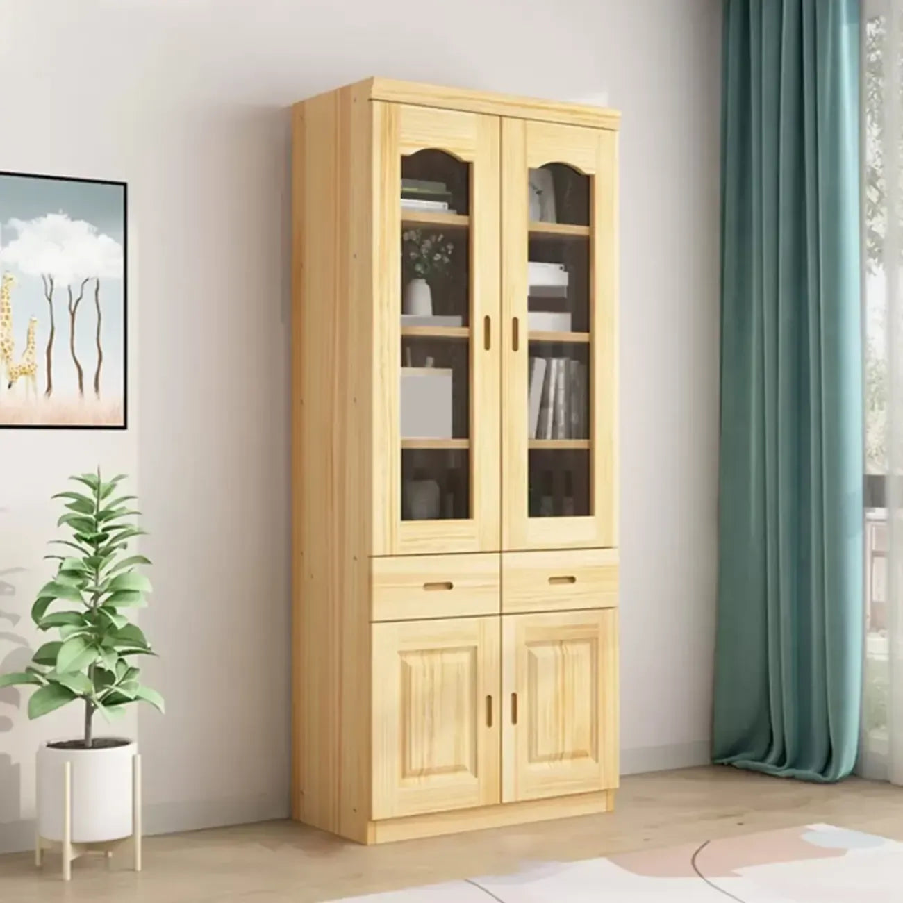 Libreria antica in legno a 5 ripiani con ante in vetro