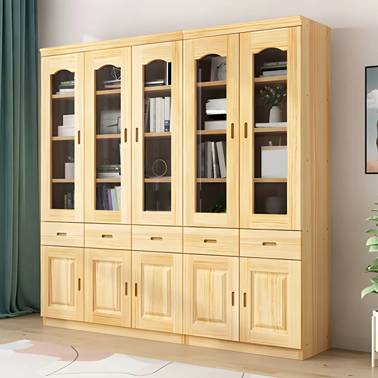 Libreria antica in legno a 5 ripiani con ante in vetro